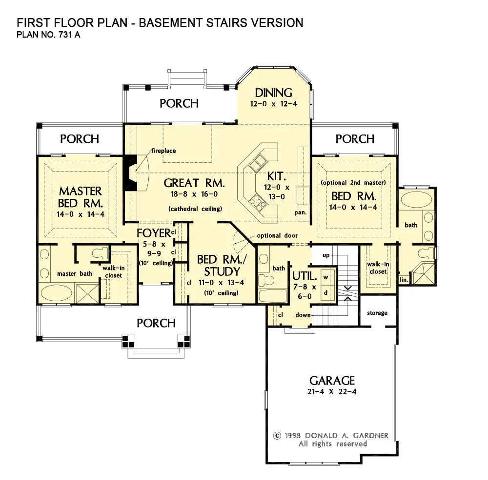 This is the first floor plan image for simple house plan 731 The Periwinkle if the home is built over a basement