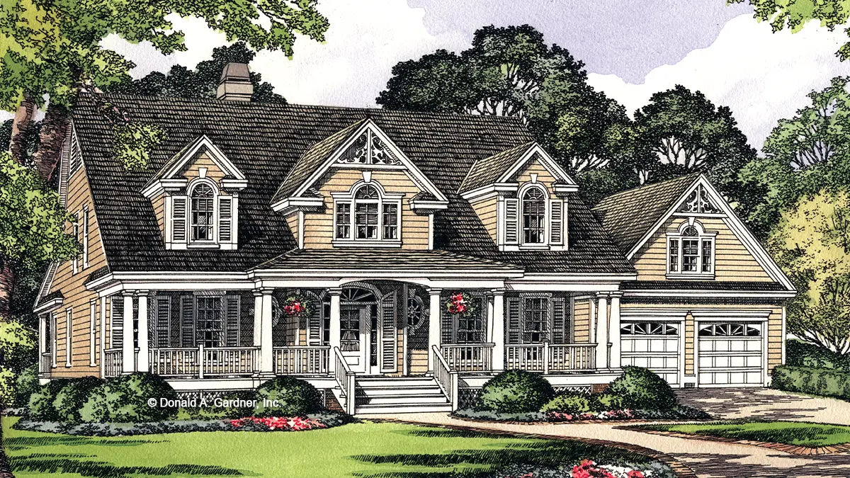 This is an illustration of the front of two story house plan 1026 The Petalquilt