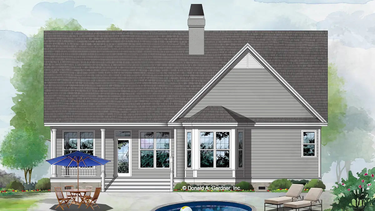 This is an illustration of the rear of cottage house plan 956 The Pfeiffer