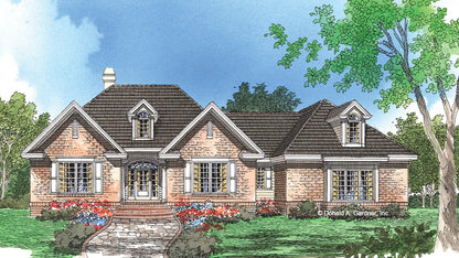 This is an illustration of the front of one story house plan 878 The Picadilly 