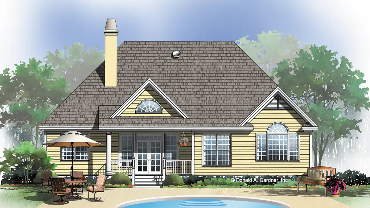 Rear view illustration with a covered patio. The Pinebluff plan 1036.