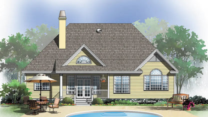 Rear view illustration with a covered patio. The Pinebluff plan 1036.