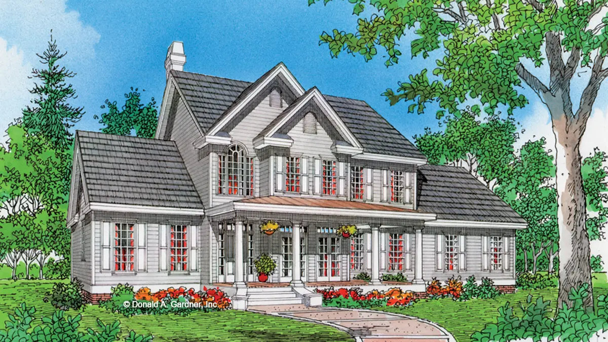 This is an illustration of the front of country house plan 405 The Pineville