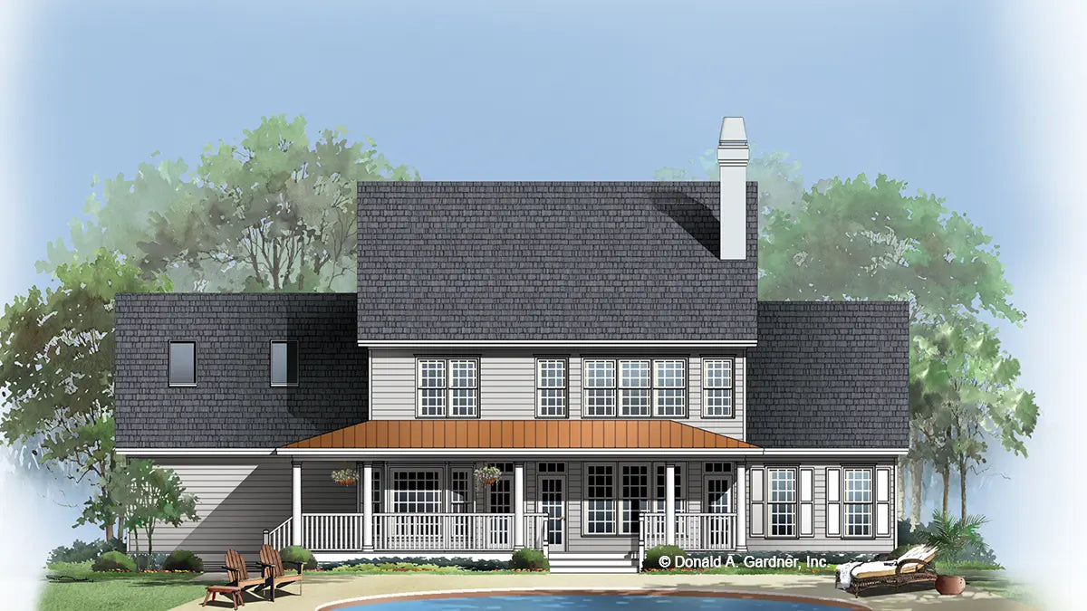 This is an illustration of the rear of farmhouse house plan 405 The Pineville