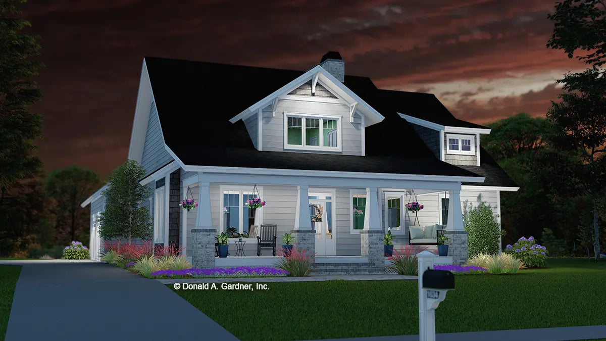 Front view illustration at dusk. The Pinewood Cottage plan 1634. 