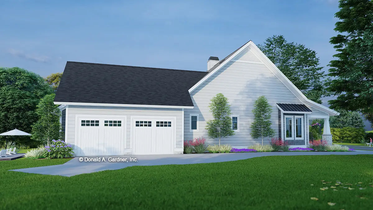 Side garage view illustration. The Pinewood Cottage plan 1634. 