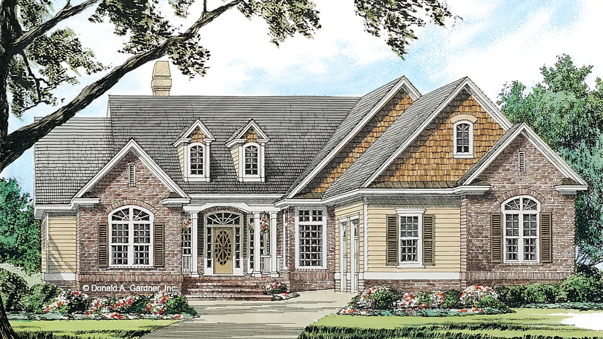 This is an illustration of the front of one story house plan 874 The Plumstead 