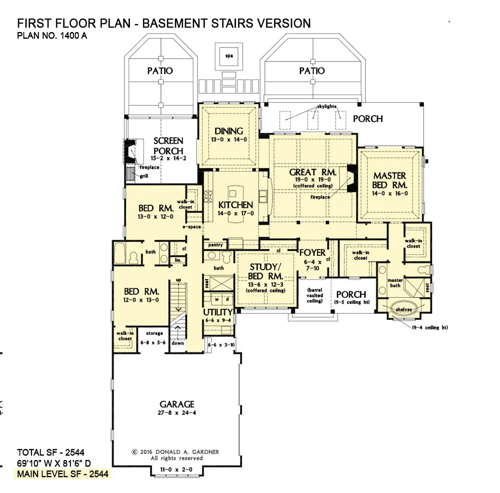 This is the first floor plan image for house plan 1400 The Porter if the home is built over a basement