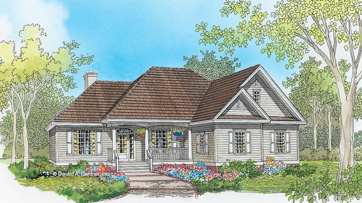 This is an illustration of the front of small house plan 897 The Portland