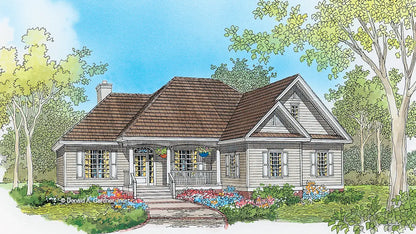 This is an illustration of the front of small house plan 897 The Portland