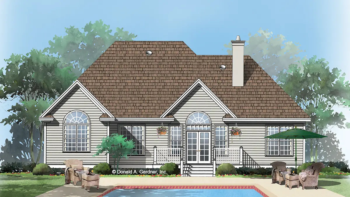 This is an illustration of the rear of simple house plan 897 The Portland