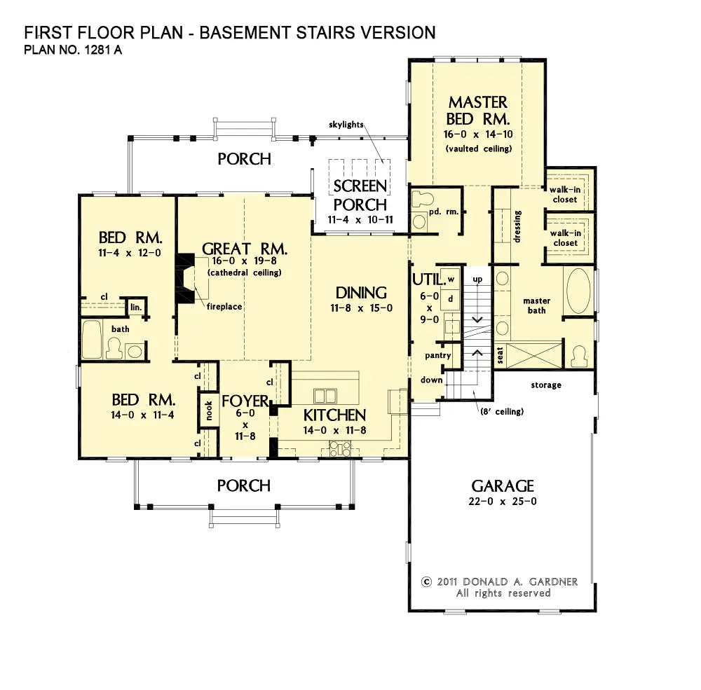 This is the first floor plan image for craftsman house plan 1281 The Powell if the home is built over a basement