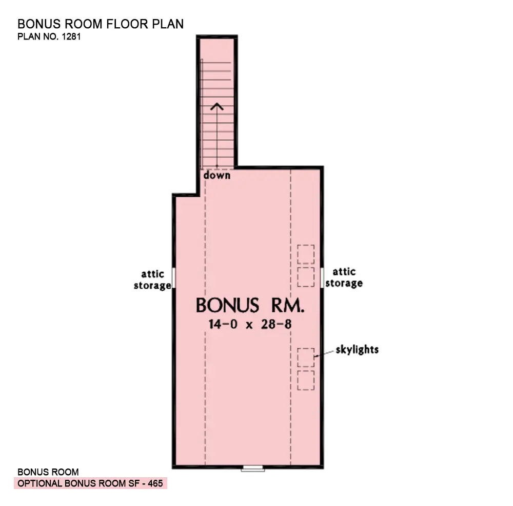 This is the bonus room floor plan image for 3 bedroom house plan 1281 The Powell