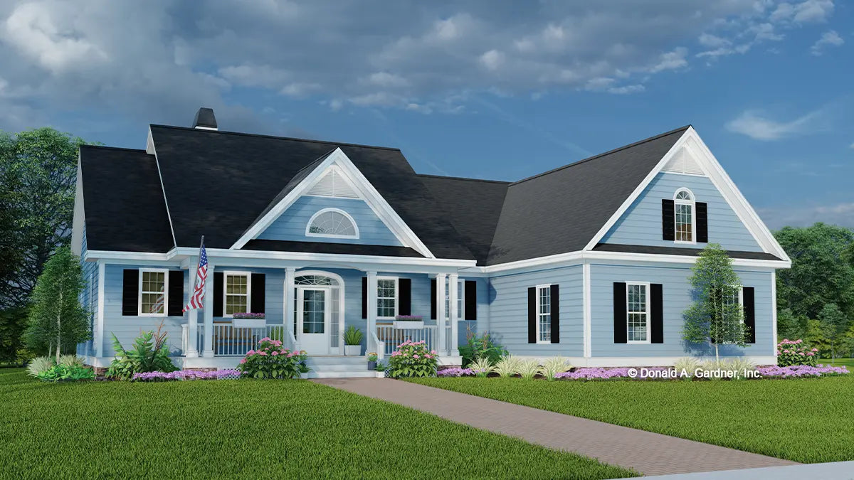 This is an illustration of the front of simple house plan 1281 The Powell