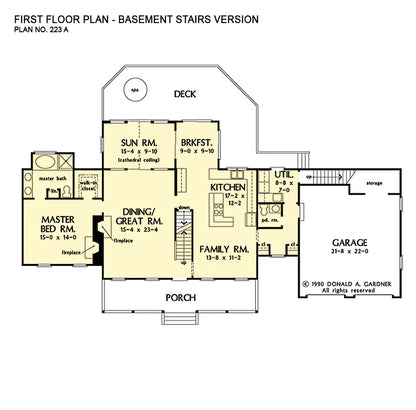 First-floor floor plan with basement stairs. The Prescott plan 223