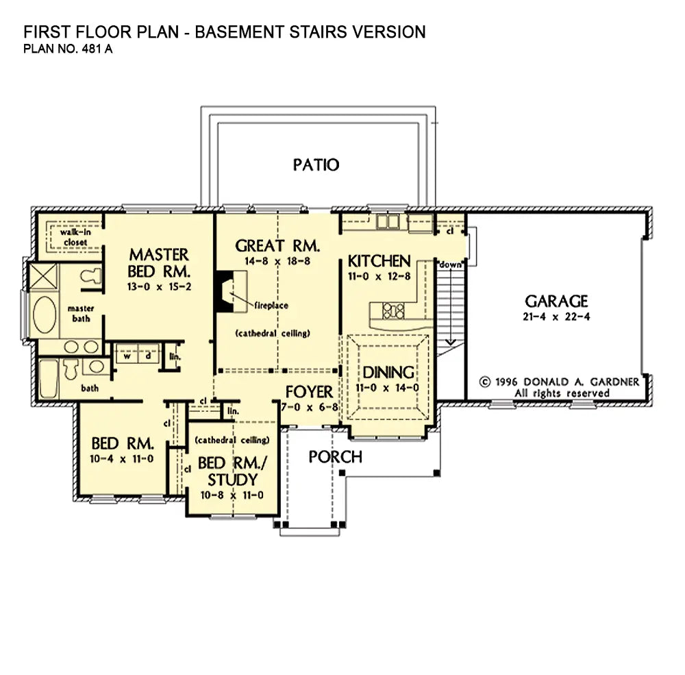 This is the first floor plan image for traditional house plan 481 The Prestwick if the home is built over a basement