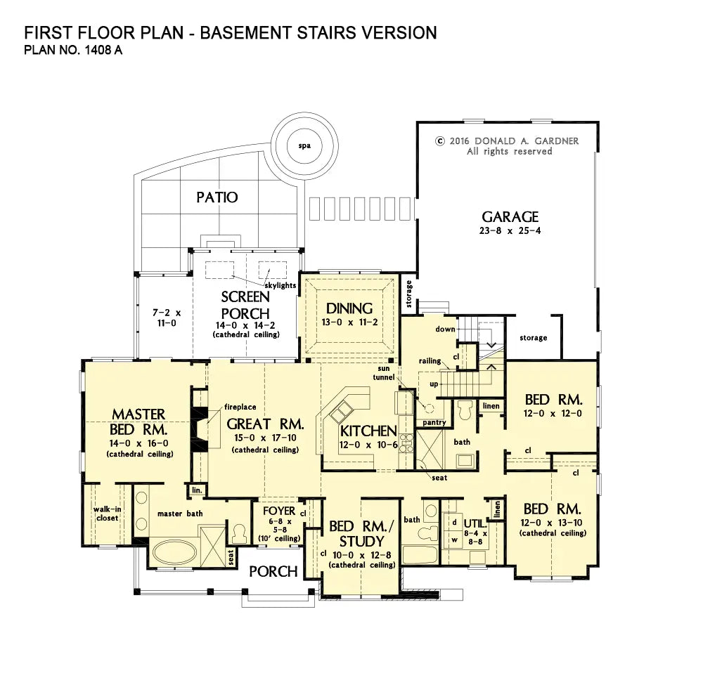 This is the first floor plan image for one story house plan 1408 The Priestly if the home is built over a basement