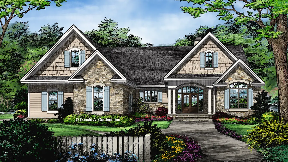 This is an illustration of the front of Craftsman Ranch house plan 1316 The Primrose