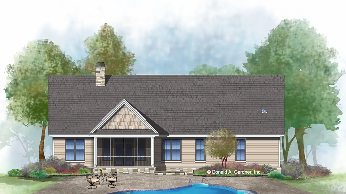 This is an illustration of the rear of house plan 1316 The Primrose