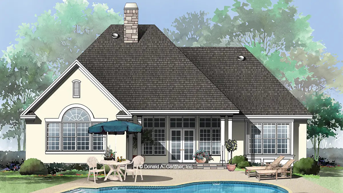 This is an illustration of the rear of three bedroom house plan 1005 The Provence