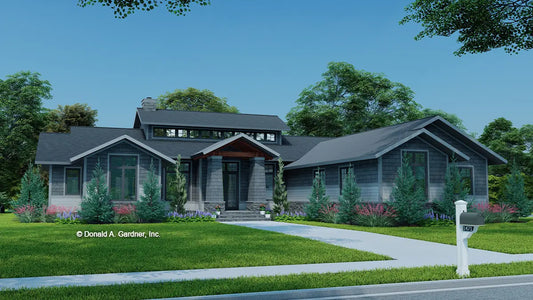 This is an illustration of the front of modern house plan 1471 The Pruitt