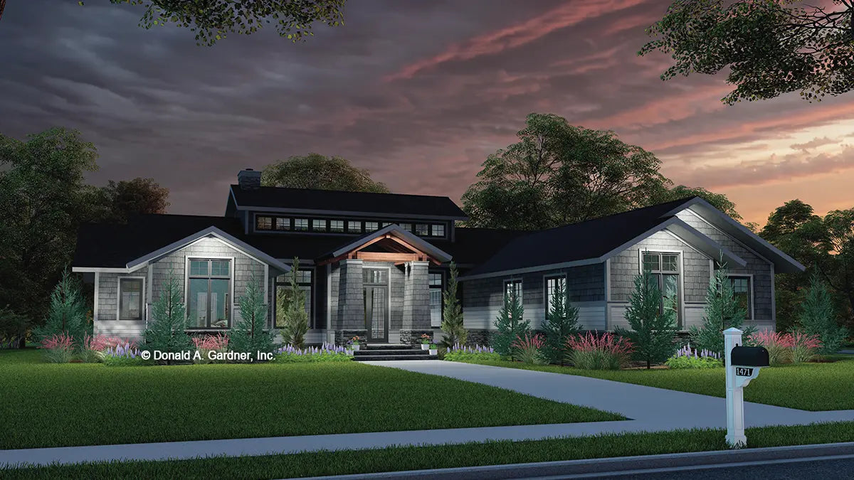 This is an illustration of the front of modern house plan 1471 The Pruitt