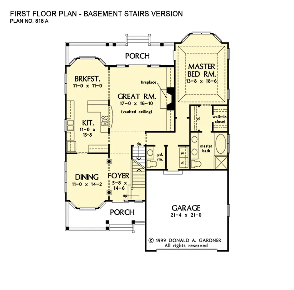 This is the first floor plan image for three bedroom house plan 818 The Prynwood if the home is built over a basement