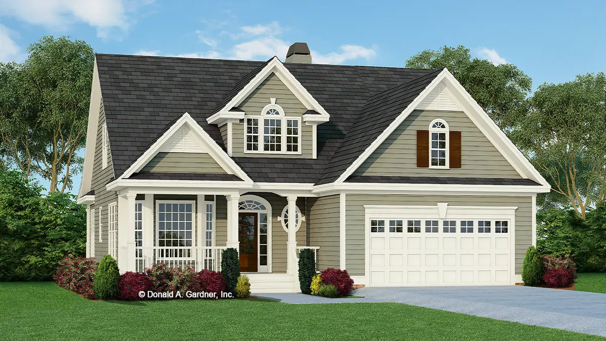 This is an illustration of the front of cottage house plan 818 The Prynwood