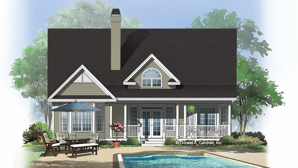 This is an illustration of the rear of three bedroom house plan 818 The Prynwood