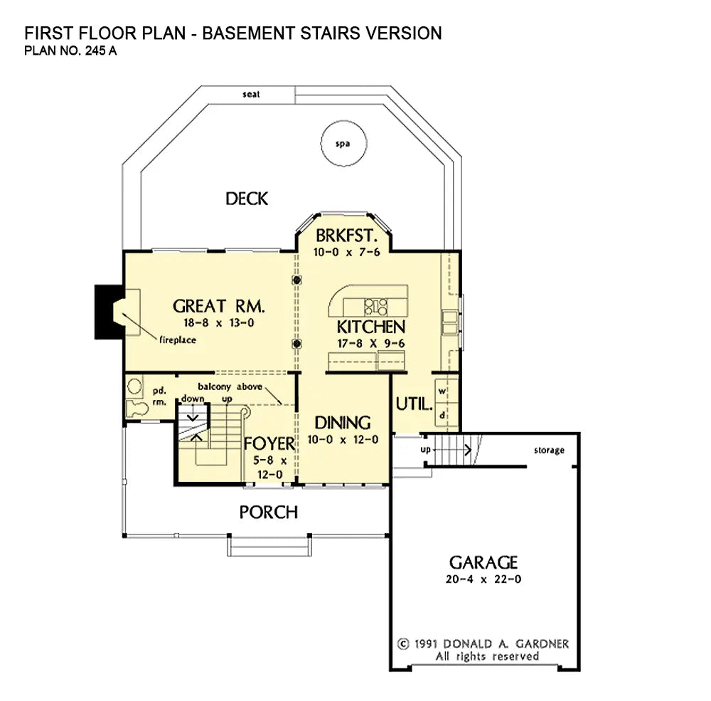 This is the first floor plan image for farmhouse house plan 245 The Quailcroft II if the home is built over a basement