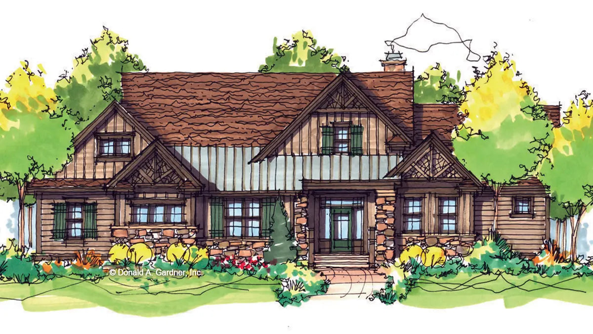 This is an illustration of the front of rustic house plan 5018 The Quailworth