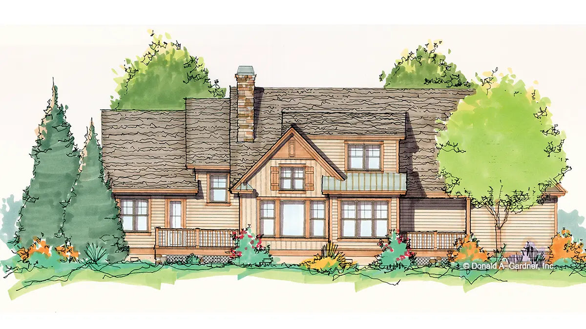 This is an illustration of the rear of mountain house plan 5018 The Quailworth