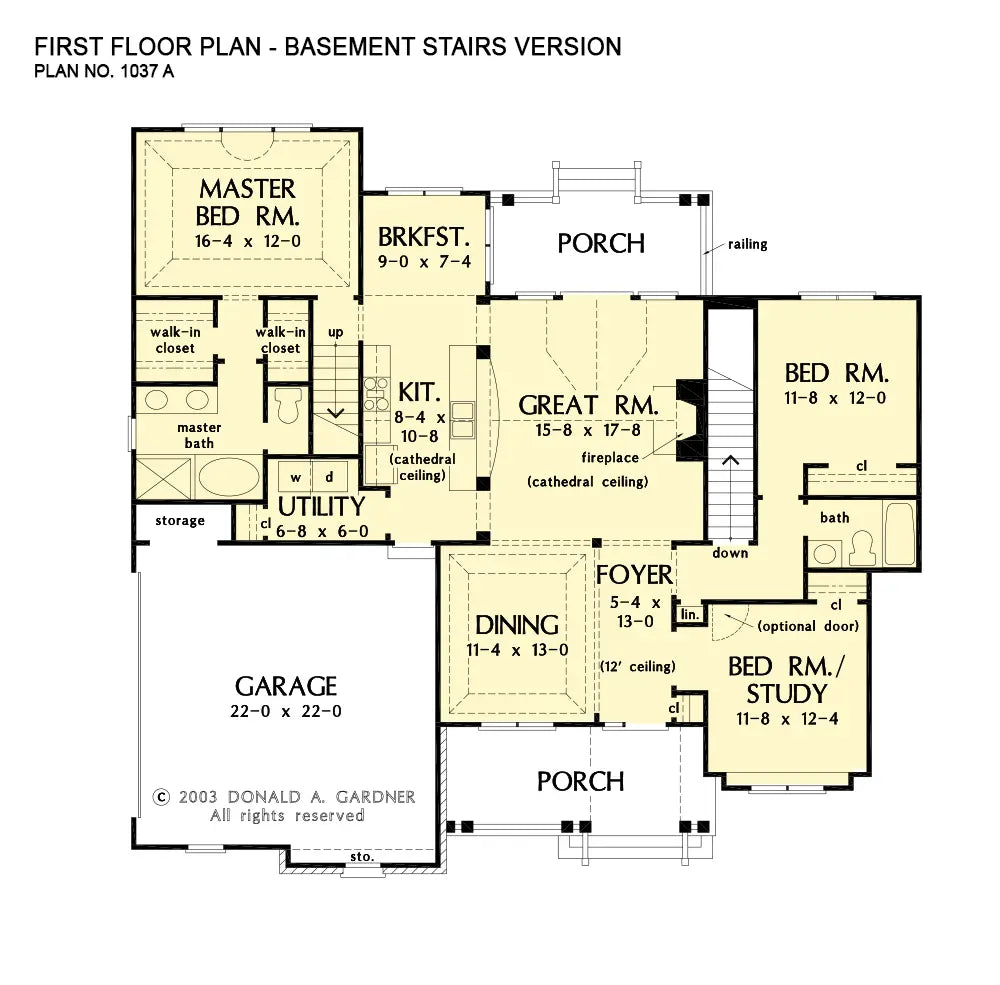 This is the first floor plan image for three bedroom house plan 1037 The Queenfield if the home is built over a basement