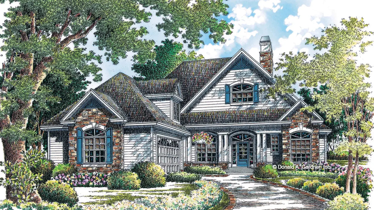 This is an illustration of the front of one story house plan 1066 The Queenstown