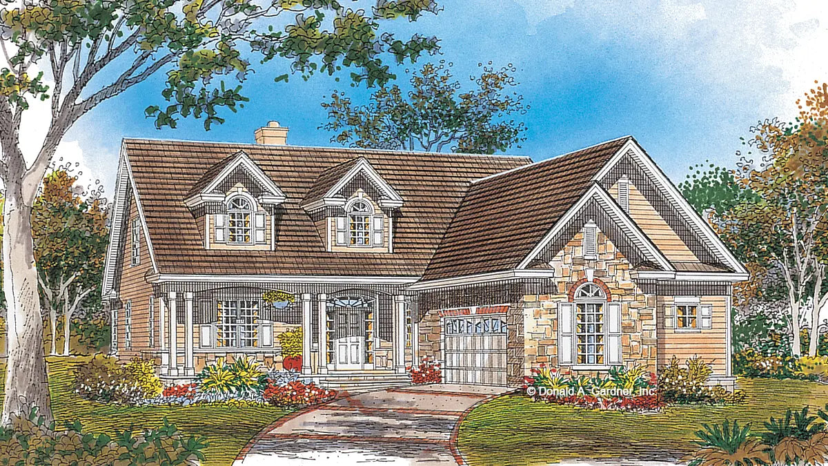 This is an illustration of the front of two story house plan 932 The Quentin