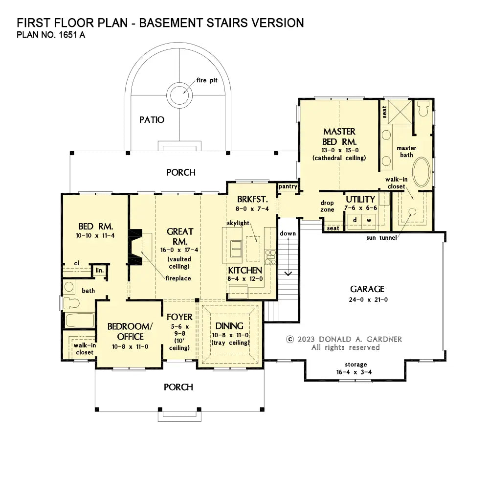 This is the first floor plan image for modern farmhouse plan 1651 The Quinn if the home is built over a basement