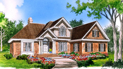 Two story brick home front view illustration. The Radcliffe plan 799.