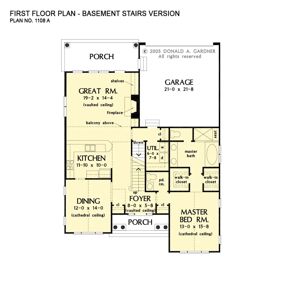 This is the first floor plan image for simple house plan 1108 The Radford if the home is built over a basement