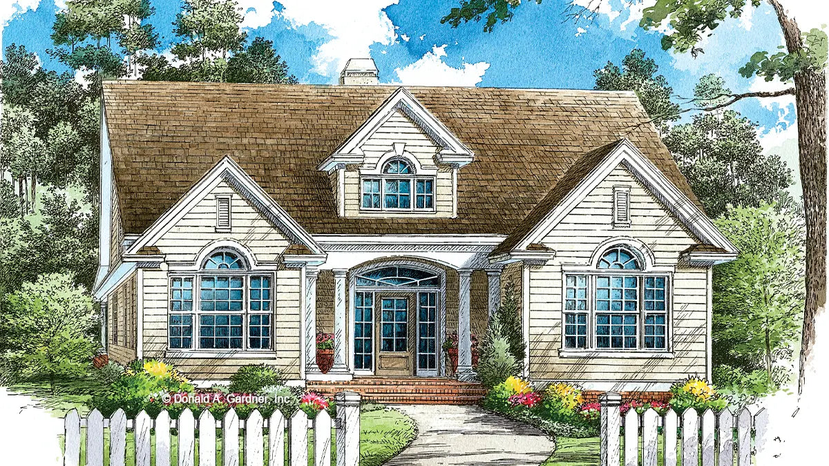 This is an illustration of the front of cottage house plan 1108 The Radford