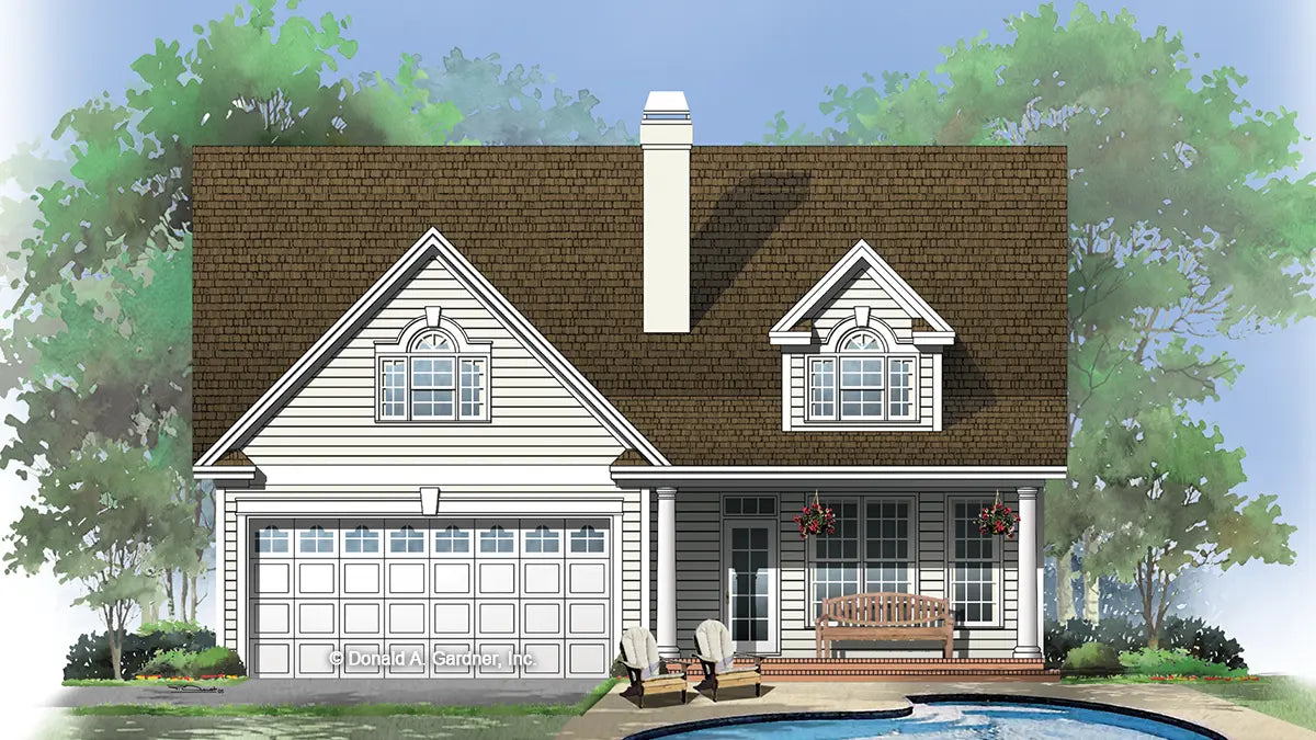 This is an illustration of the rear of simple house plan 1108 The Radford