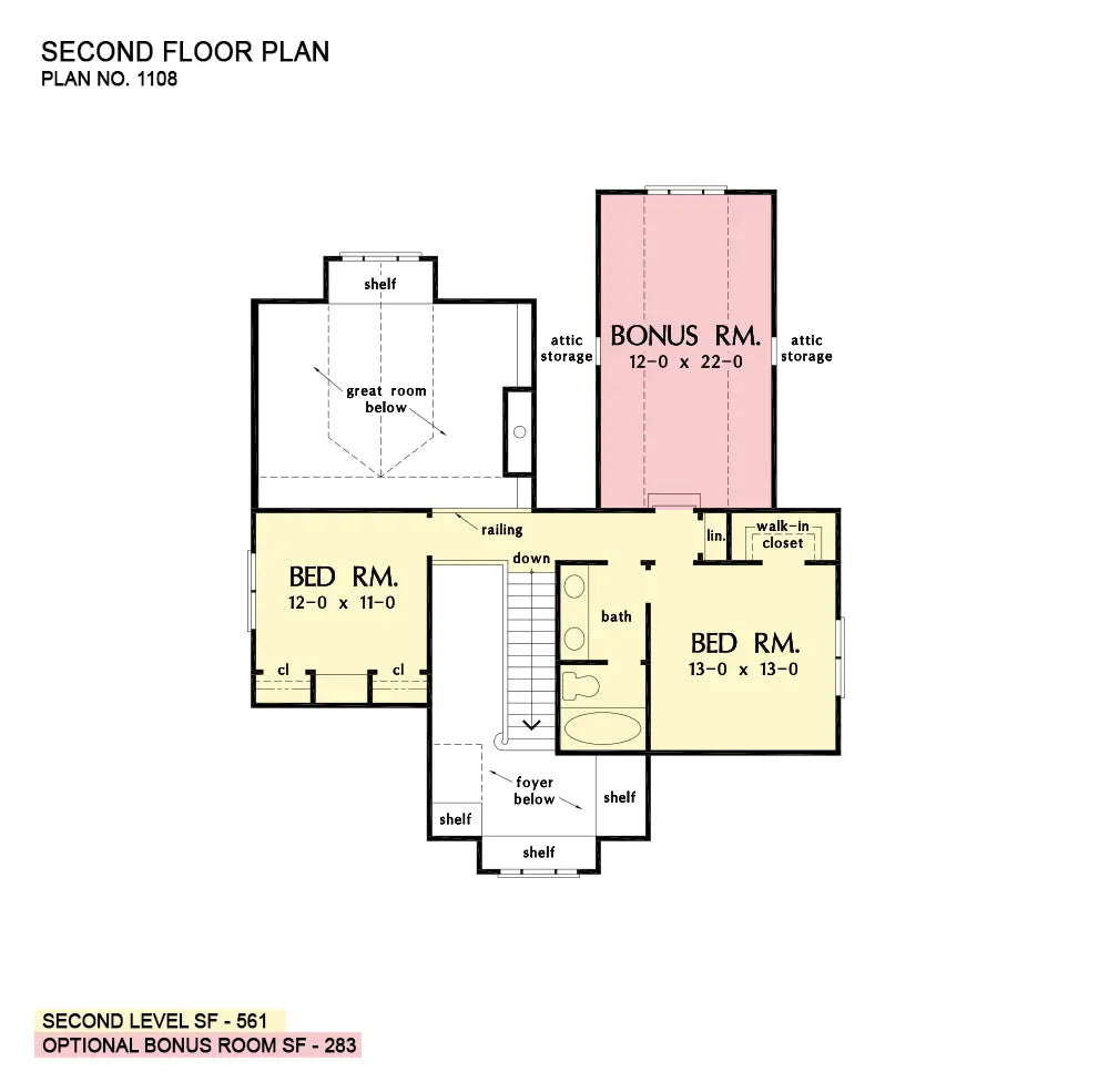 This is the second floor plan image for three bedroom house plan 1108 The Radford