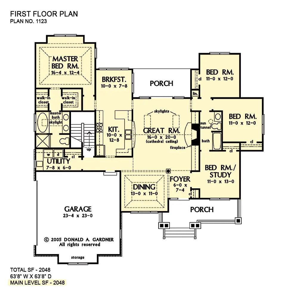 great room in the middle, 3 bedrooms to the right, kitchen & breakfast nook to the left, dining area and foyer to the front and 2 car garage with the master suite to the rear on the far left