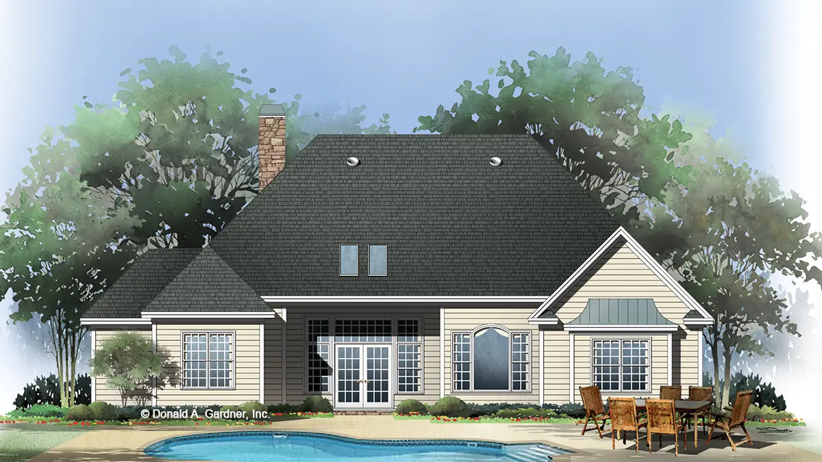 cream colored siding, 3 bay windows, a covered porch with french doors leading into the great room