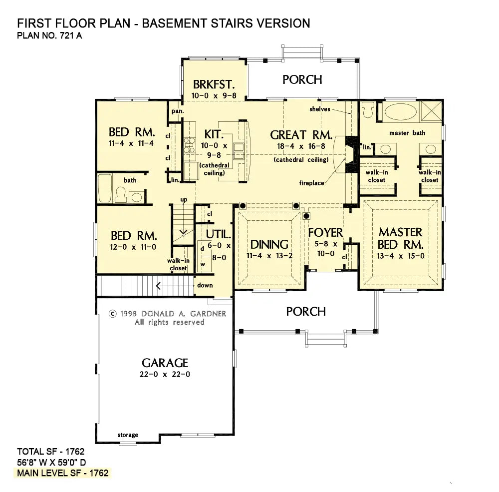 This is the first floor plan image for country house plan 721 The Raintree if the home is built over a basement