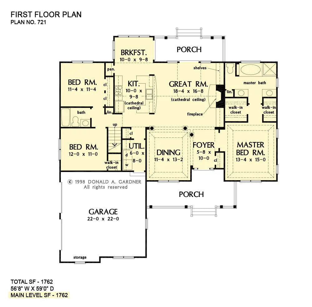 This is the first floor plan image for three bedroom house plan 721 The Raintree