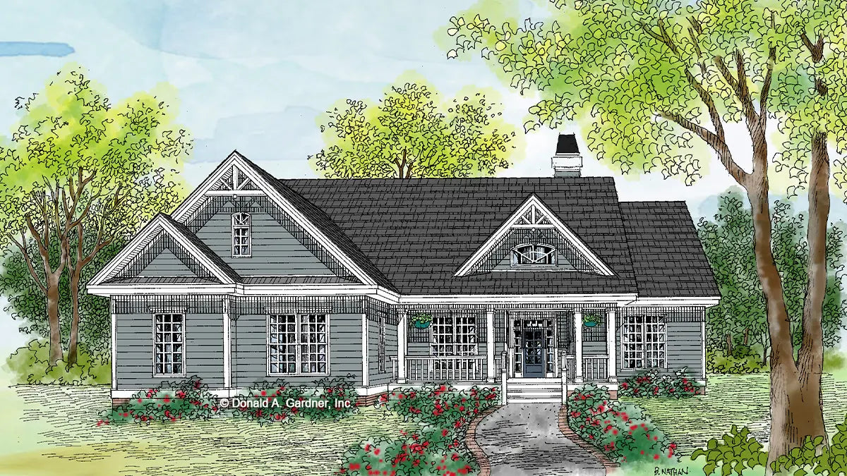 This is an illustration of the front of three bedroom house plan 721 The Raintree