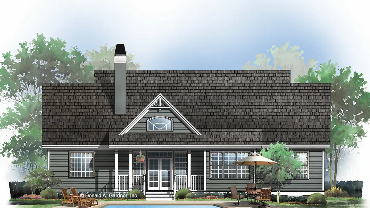 This is an illustration of the rear of country house plan 721 The Raintree