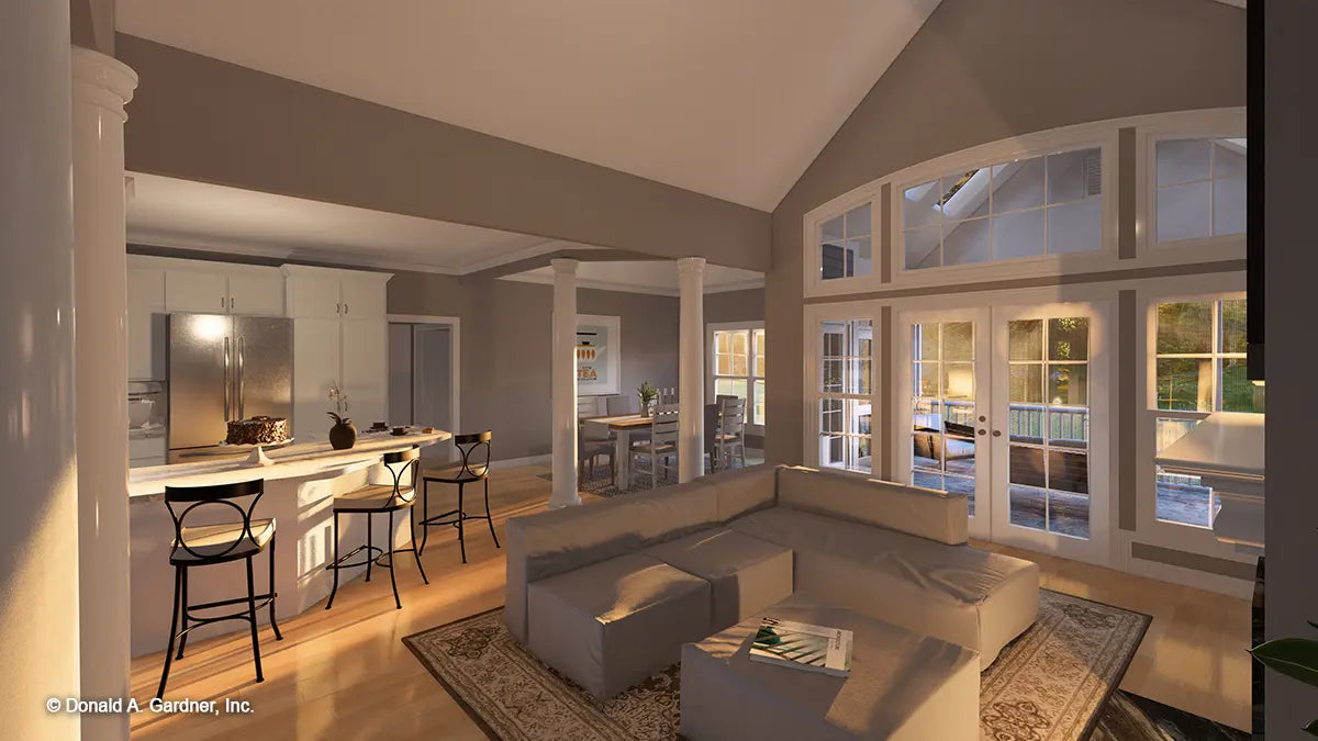 Interior digital illustration of the great room and kitchen. The Whitford plan 1298.