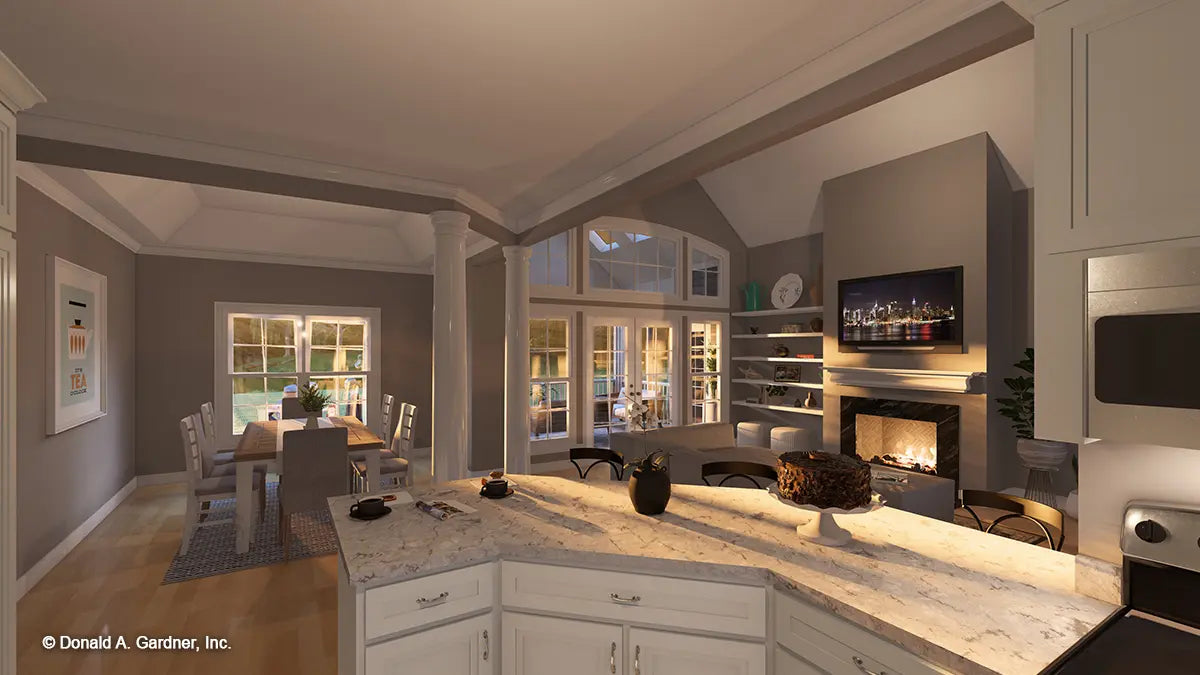 Interior digital illustration view into the great room and dining room from the kitchen. The Whitford plan 1298.