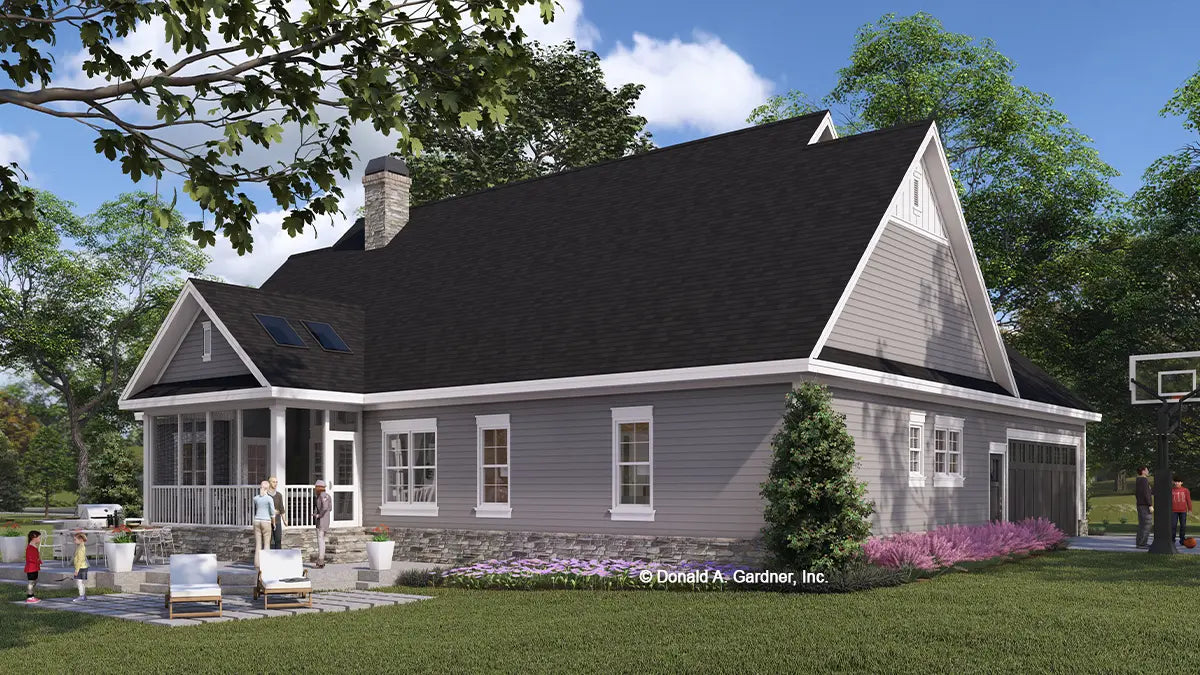 Rear side view illustration with garage. The Whitford plan 1298.